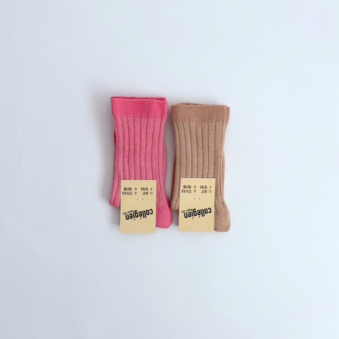 collegien - Victoire - Glitter Ribbed Crew Socks＜600 Rose Bonbon＞