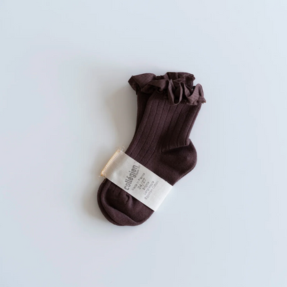 collegien - Brigitte - Gingham Ruffle Ribbed Ankle Socks＜Chocolat au Lait＞